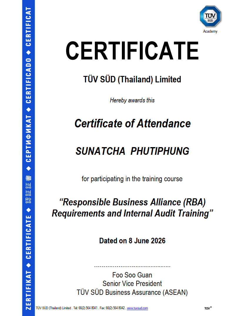 Certificate RBA Training - SUNATCHA PHUTIPHUNG